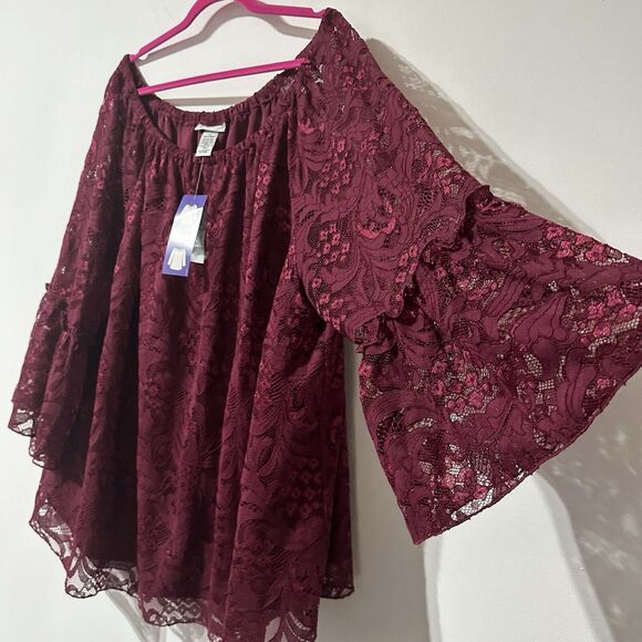 Catherines Lace Blouse On / Off The Shoulder Size 3X 26 28W Burgundy Red NWT - Picture 6 of 8